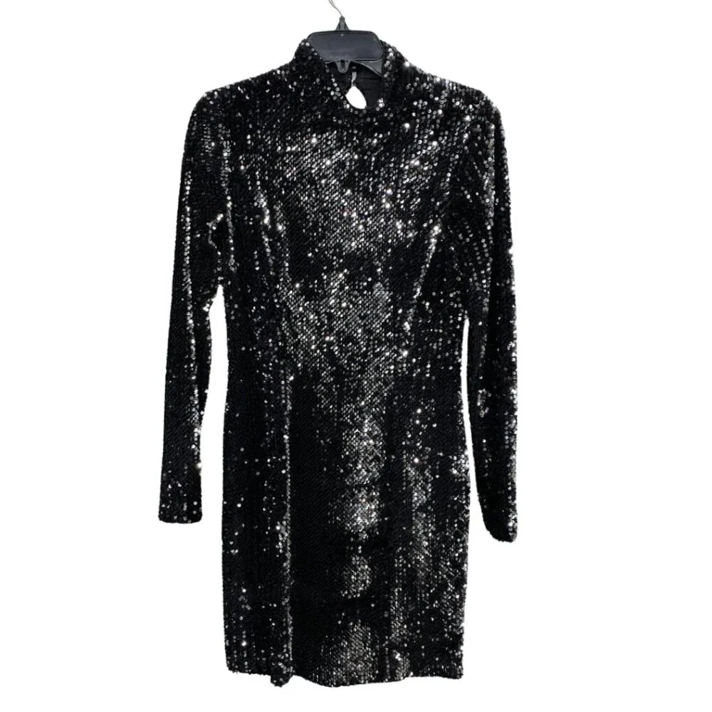 Millie Black Long Sleeved Sequin Turtleneck Mini Dress Womens Size 6 - Picture 2 of 12